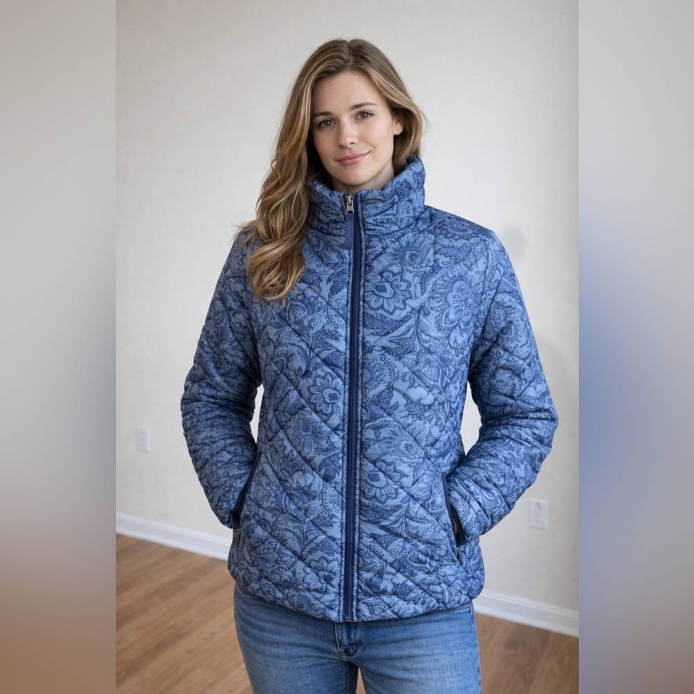 Vera Bradley Quilted Paisley Puffer Jacket Blue Green Small NWT High Collar Coat